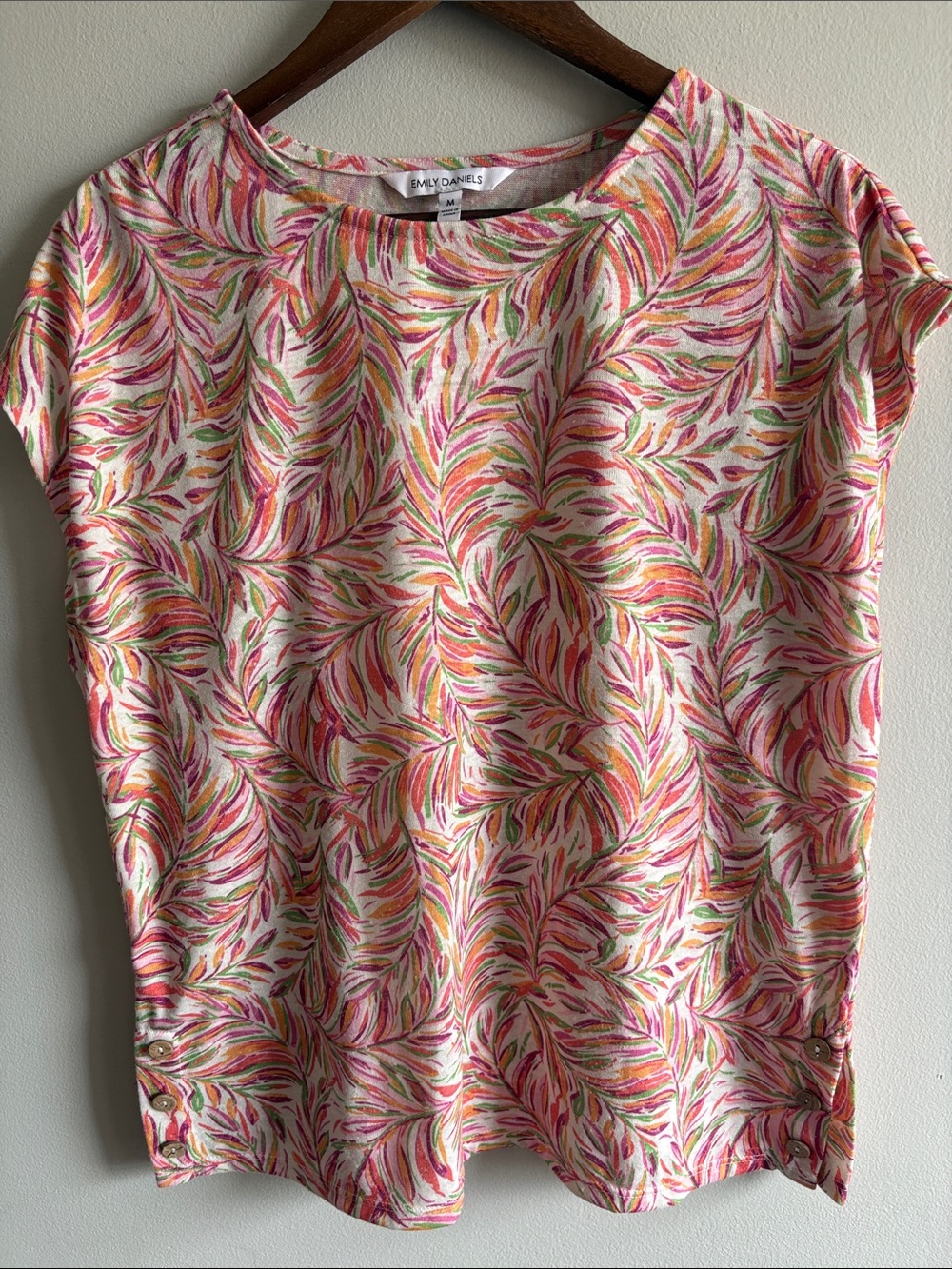 Emily Daniels Linen Blend Tropical Leaf Print Top Medium Pink Coral Green